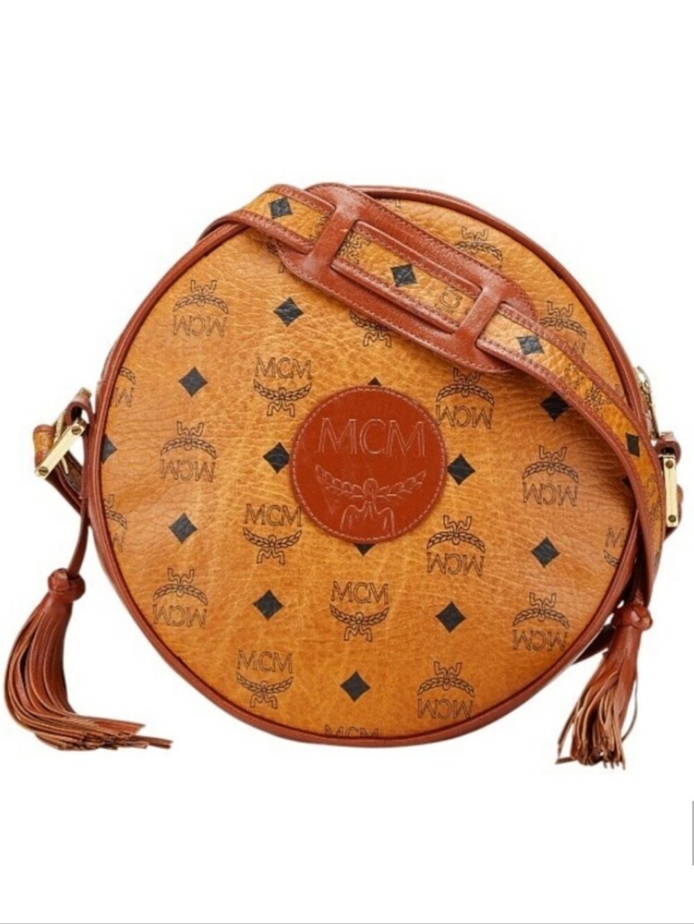 MCM TAMBOURINE Cognac Logo Visetos Round Crossbody Bag with Tassels
